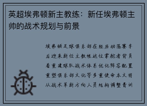 英超埃弗顿新主教练：新任埃弗顿主帅的战术规划与前景